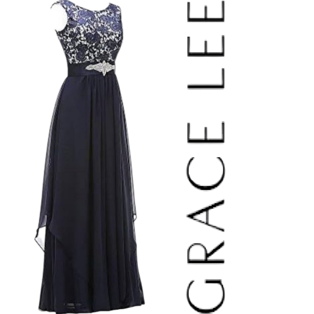GRACE LEE Women's Long Evening Gown Lace Round Neck Prom Dress (Navy Blue)- L